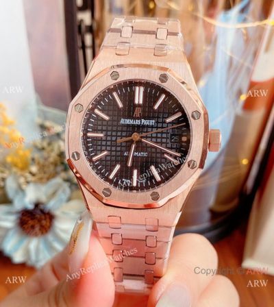 Copy Audemars Piguet Royal Oak Black Dial Rose Gold Watches 37mm Women